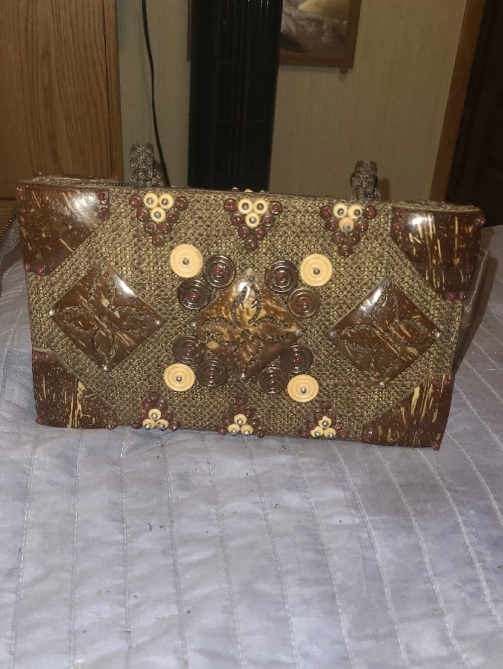 Handcrafted Brown Embellished Women's Tote With Hand Carved Coconut Shells